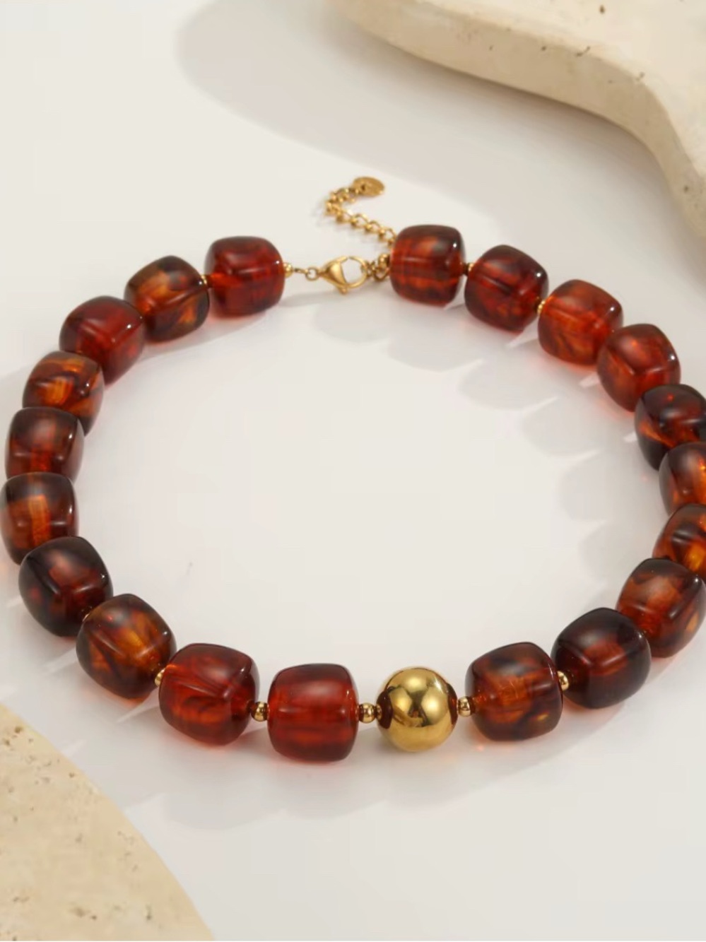 Amber Glass Bead Necklace with Gold Accent